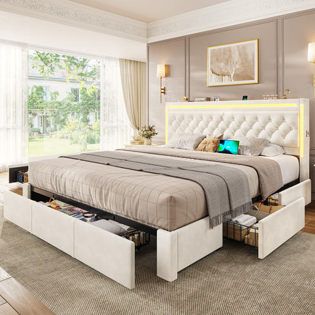 BTHFST King Upholstered LED Bed Frame with 5 Drawers, Velvet Hidden Storage Headboard with Charging Station, Button Tufted Headboard and Heavy Duty Metal Slats Support, No Box Spring Needed, Beige BTHFST