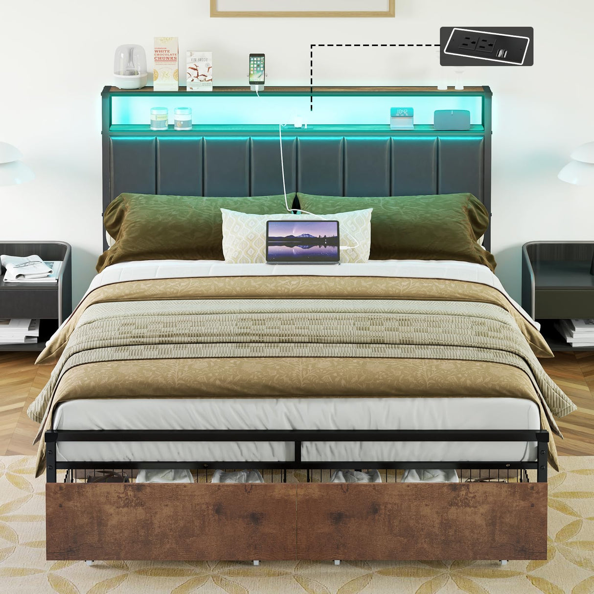AMERLIFE LED Bed Frame with Drawers, Full Platform Bed Frame with 2-Tier Storage & Leather Upholstered & Charging Station Headboard, No Box Spring Needed, Noise Free, Easy Assembly, Black AMERLIFE