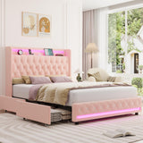 HIFIT Upholstered Full Size LED Bed Frame with Charging Station & 4 Storage Drawers, Velvet Crystal Button-Tufted Wingback Headboard, Princess Platform Bed Frames for Girls, No Box Spring Needed, Pink HIFIT