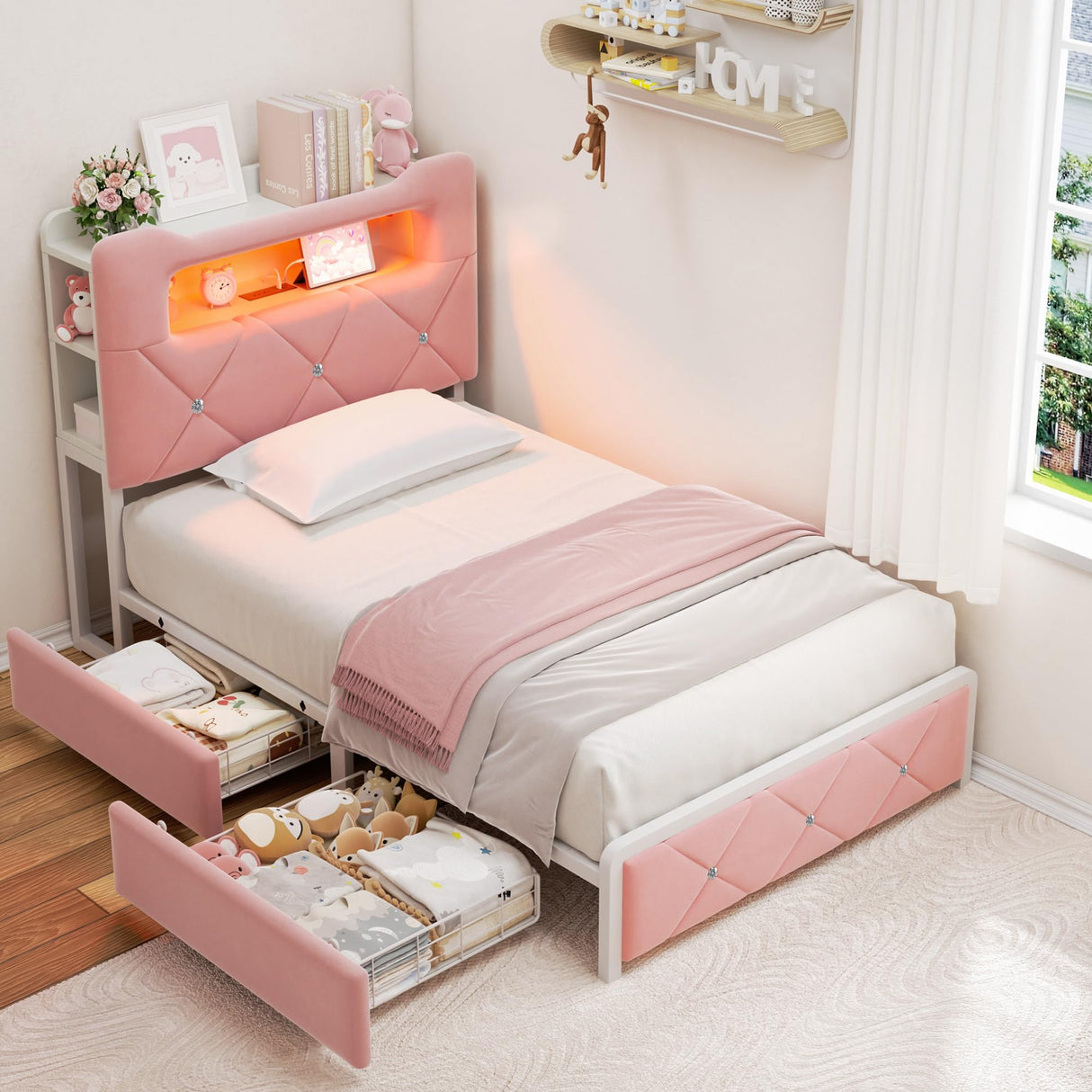 Twin Upholstered LED Bed Frame with 2 Storage Drawers and 2-Tier Storage Bookcase Headboard, Velvet Princess Platform Bed for Kids/Girls/Boys, Corner Bed Frame, Heavy Duty Metal Support, Pink Jocoevol