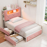 Twin Upholstered LED Bed Frame with 2 Storage Drawers and 2-Tier Storage Bookcase Headboard, Velvet Princess Platform Bed for Kids/Girls/Boys, Corner Bed Frame, Heavy Duty Metal Support, Pink Jocoevol