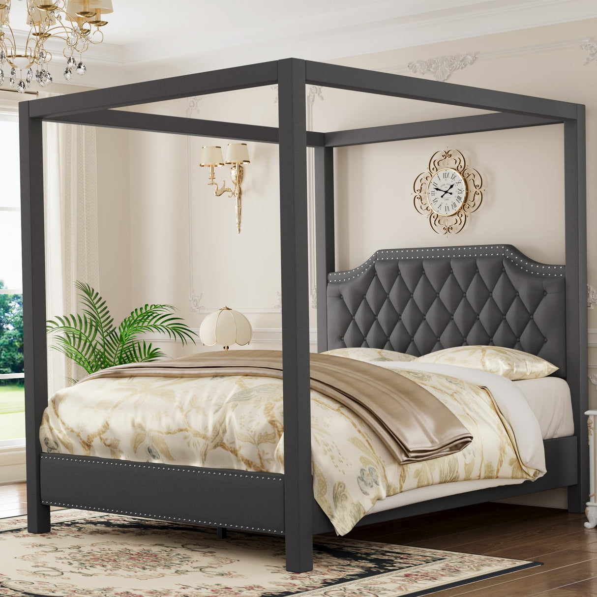IDEALHOUSE Queen Size Canopy Bed Frame with Nailhead Decoration Headboard，Upholstered Bed Frame with Poles 4 Corner Bed Bracket,Solid Wood Slats Support,No Box Spring Needed,Noise Free,Gray IDEALHOUSE
