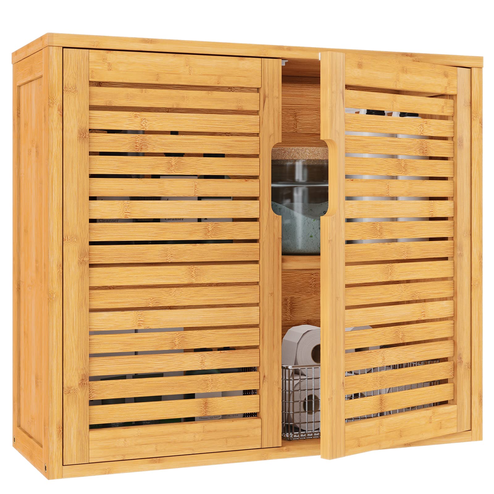 VIAGDO Wall Cabinet Bathroom Storage Cabinet Wall Mounted with Adjustable Shelves Inside, Double Door Medicine Cabinet, Utility Cabinet Organizer Over Toilet, Bamboo, 23.2''Lx8.3''Wx20.1''H - WoodArtSupply