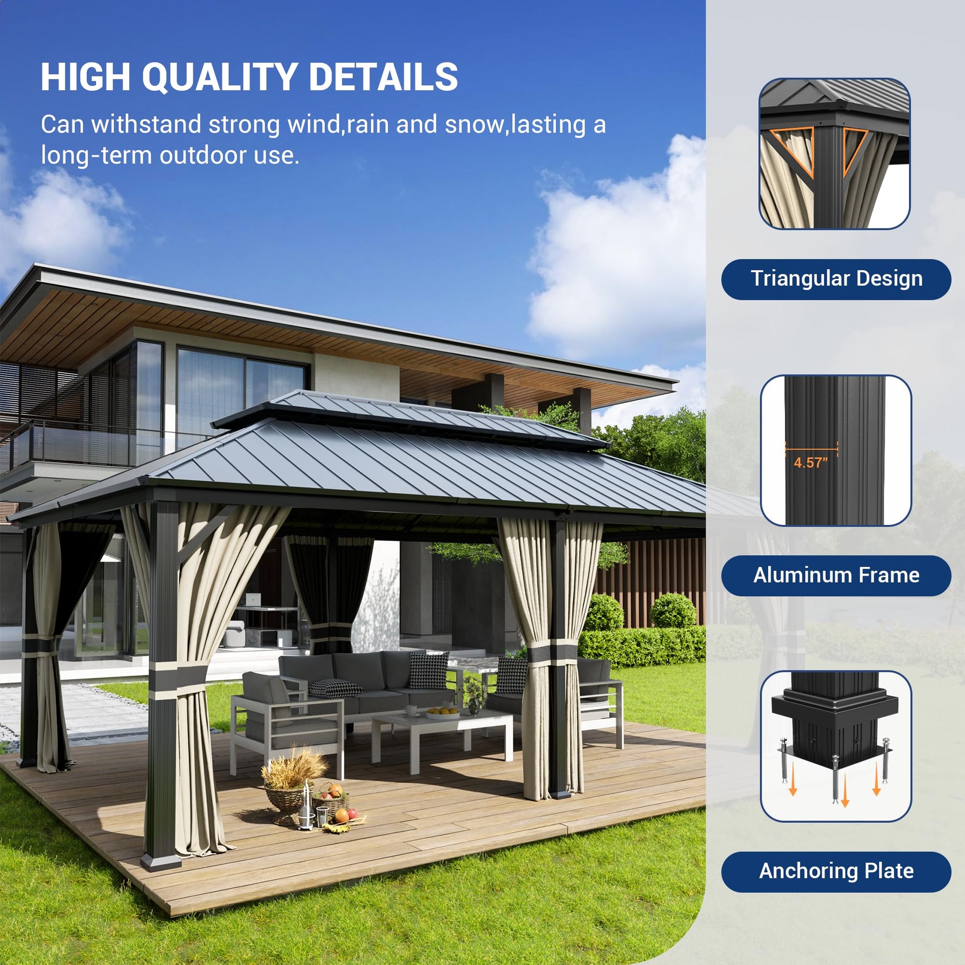 Amopatio 12' X 20' Hardtop Gazebo, Aluminum Metal Gazebo with Galvanized Steel Double Roof, Heavy Duty Permanent Outdoor Large Gazebos with Curtain and Netting for Patio Deck Backyard, Khaki - WoodArtSupply