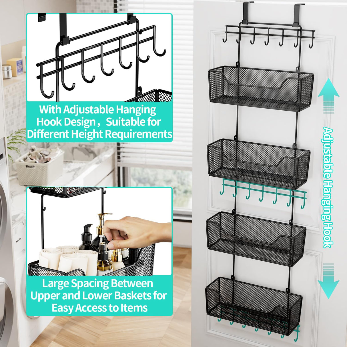 HapiRm Over The Door Organizer - Hanging Door Organizer with 4 Metal Large Capacity Baskets and Adjustable Coat Hook for Bathroom Bedroom Kitchen Pantry Closet Cabinet HapiRm
