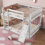 Twin Over Twin Floor Bunk Bed, Wooden Twin Loft Bed Frame with Climbing Ramp and Ladder, Heavy Duty Low Bunk Bed with Guardrail, Modern Twin Floor Bed for Teens and Adults, Space Saving, White Ziraukon