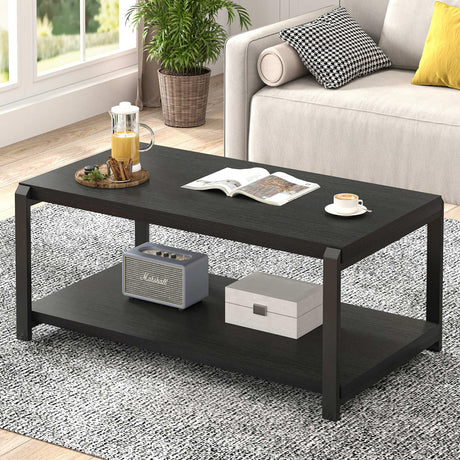 EXCEFUR Black Coffee Table, Modern Rustic Wood Center Table for Living Room, Industrial Rectangle Cocktail Tea Table with Storage Shelf EXCEFUR