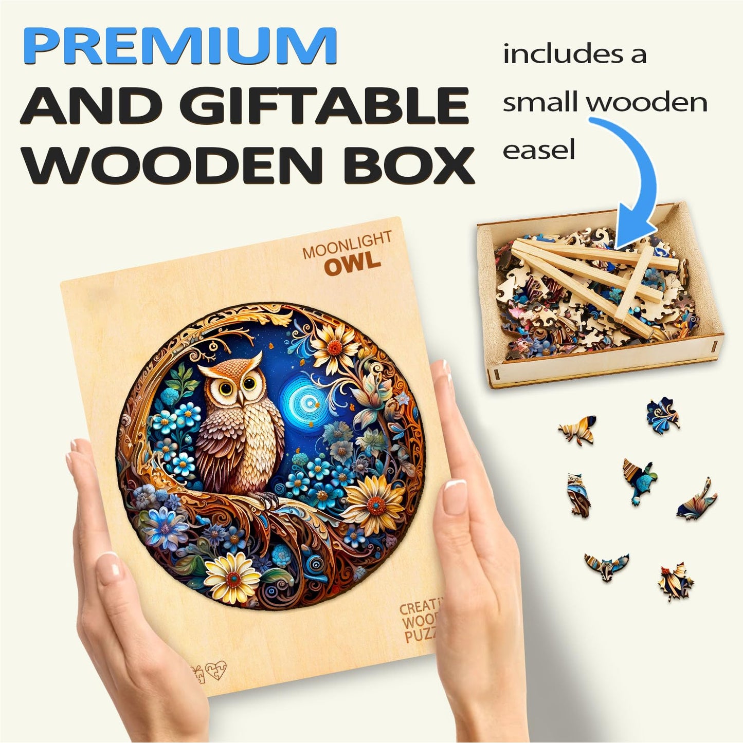 masseruon Wooden Puzzles for Adults-Moonlight Owl, Unique Shaped Jigsaw Puzzles for Adult(M, 190pieces, 11.4x11.4in), Beautiful Animal Shaped Wood Puzzles, Christmas Family Game Birthday Gift