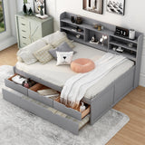Merax Full Corner Bed Frame with Bookcase Storage, Daybed with Trundle & 3 Drawers Solid Wooden Platform Bedframe Captain Bed for Living Room,Bedroom & Guest Room, Grey Merax