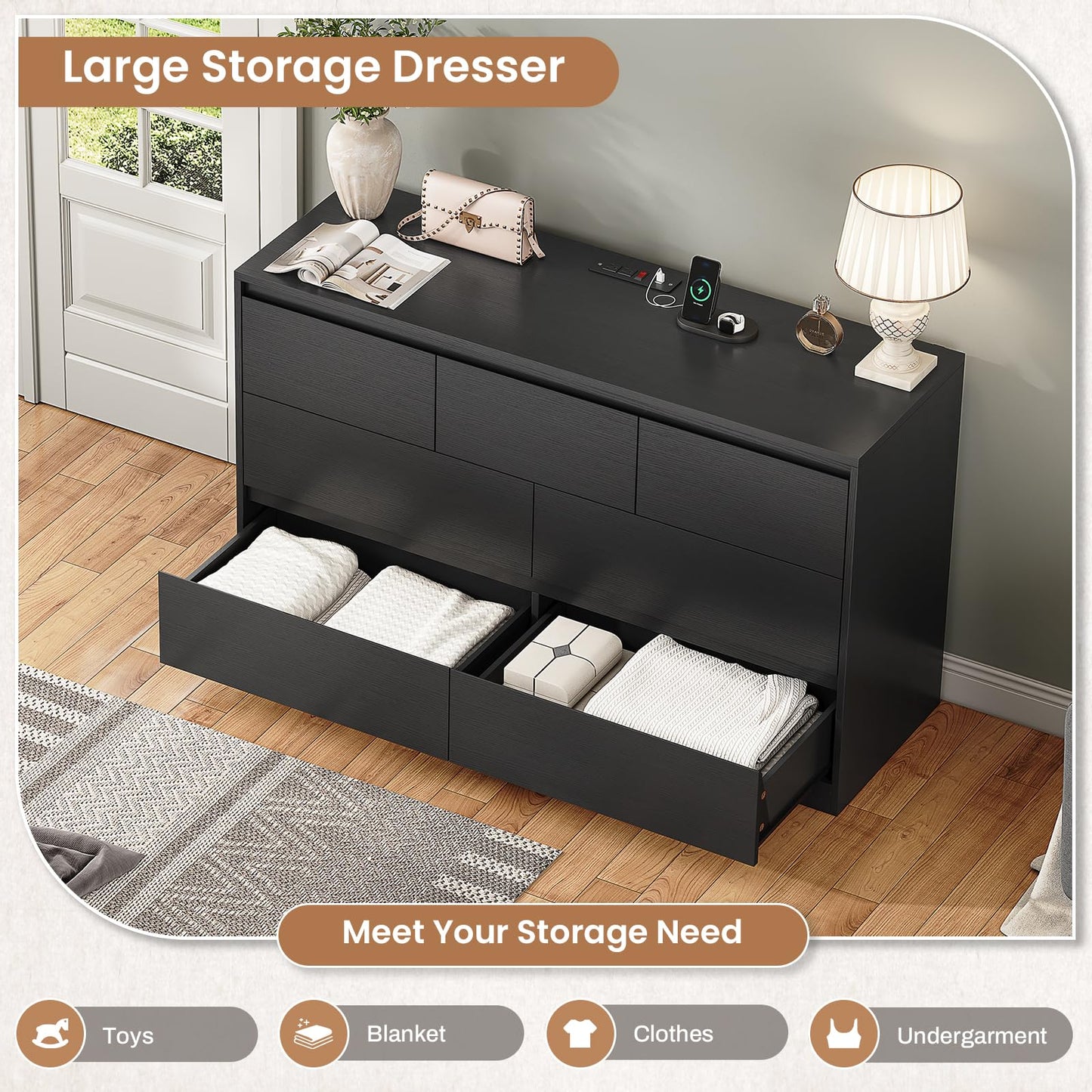 AOGLLATI Black Dresser for Bedroom, Modern Long Dresser with 7 Drawers, Dressers & Chest of Drawers with Charging Station Handle Free, Wooden Wide 7 Drawer Dresser for Bedroom Living Room,Bla - WoodArtSupply