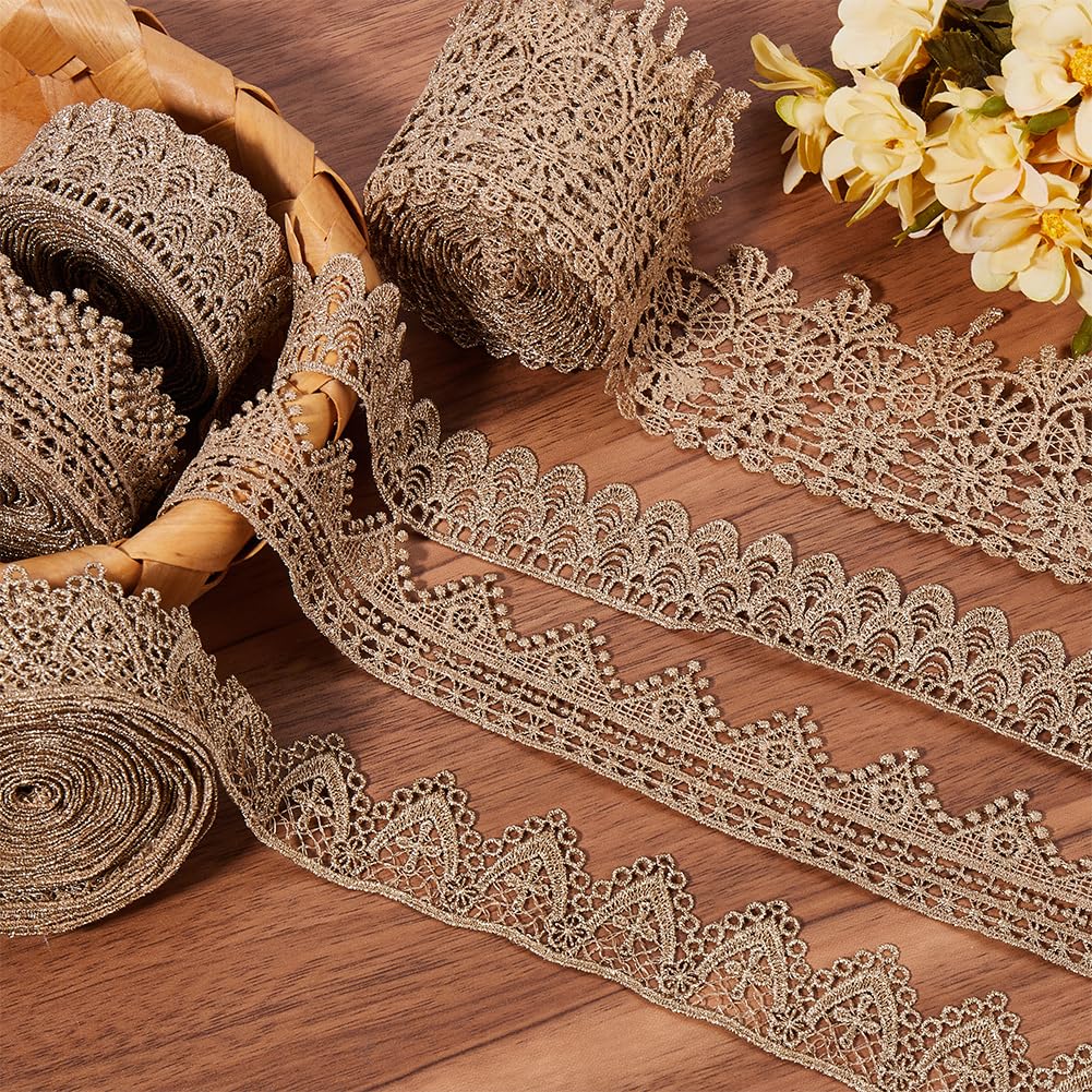 CABODYALS Metallic Glitter Gold Flower Lace Trim Embroidery Wavy Edge Applique Tassel Rose Floral Embroidered Fabric Polyester Ribbons Bulk for Sewing Making Decor Embellishment DIY Crafts Supplies CABODYALS