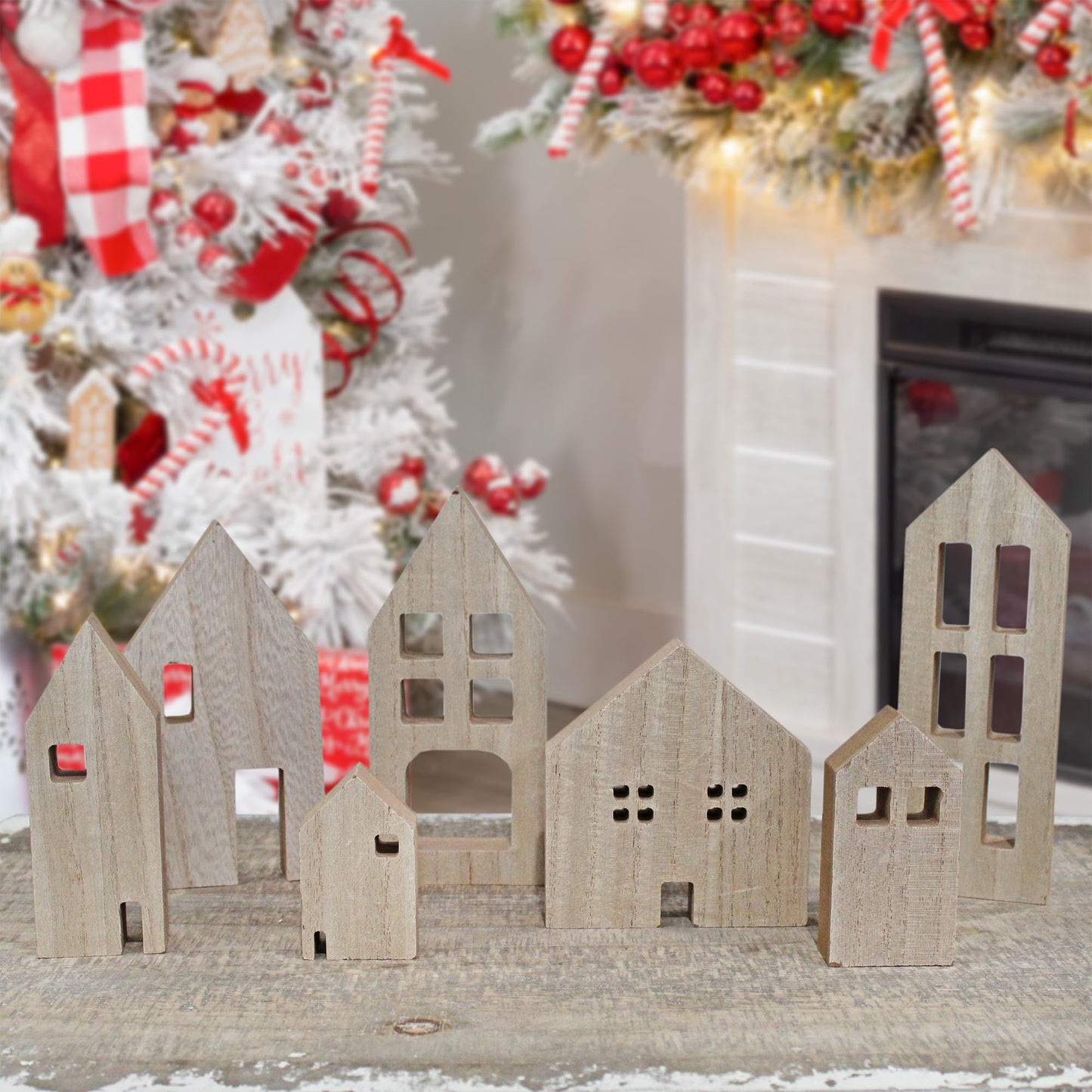 AuldHome Wood House Silhouettes Decor (Set of 7); Christmas and Holiday Wood Cutout Figures