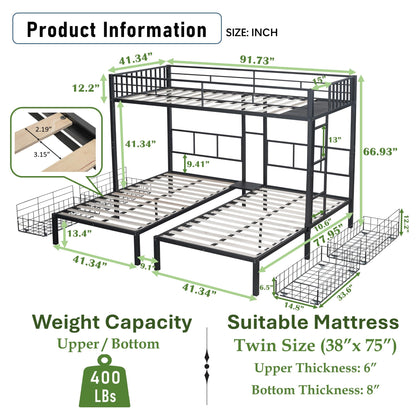 UOCFYK Twin L-Shaped Triple Bunk Bed with Drawers,Can be Divided into 3 Separate Beds w/Safety Textilene Guardrals & Ladder,Space Saving Design for 3 Kids & Teens, No Box Spring Needed, Black