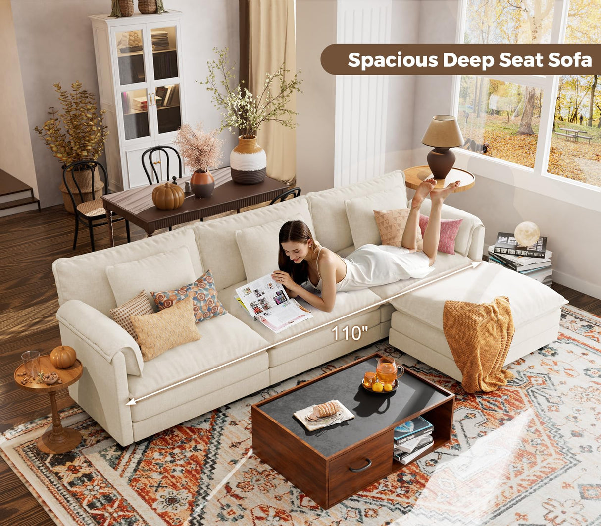 ELUCHANG 113" L Shaped Modular Sectional Sofa, Comfy Cloud Couch, Deep Seat Sofa Couches for Living Room, 4-Seater Modern Sofa with Movable Ottoman for Apartment, DIY Combination,Chenille Cream White ELUCHANG