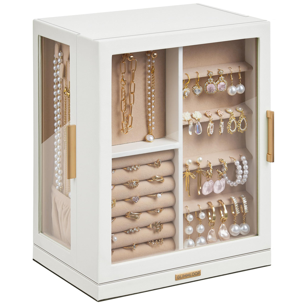 Glimmloop 360° Rotating Jewelry Box with 5 Drawers, Spacious Vertical Jewelry Organizer with Glass Window, Jewelry Storage Case, Dustproof & Moisture-resistant Design, White Glimmloop