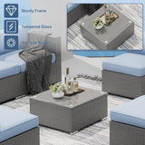 SUNCROWN Outdoor Patio Furniture Set 8 Piece Outdoor Sectional Sofa Grey Wicker Conversation Sofa Set with Coffee Table, Cushions and Fire Pit Table, Light Blue SUNCROWN
