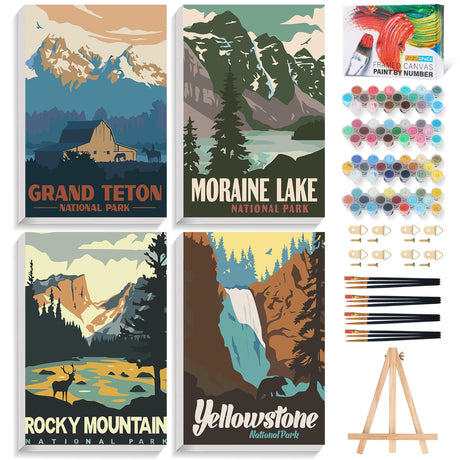 Okarina 4 Pack Paint by Numbers Kit for Adults with Frame National Park, Framed Paint by Number for Adults Beginner with Wooden Easel, DIY Painting by Numbers Canvas Framed for Home Decor 8 x 12 Inch Okarina