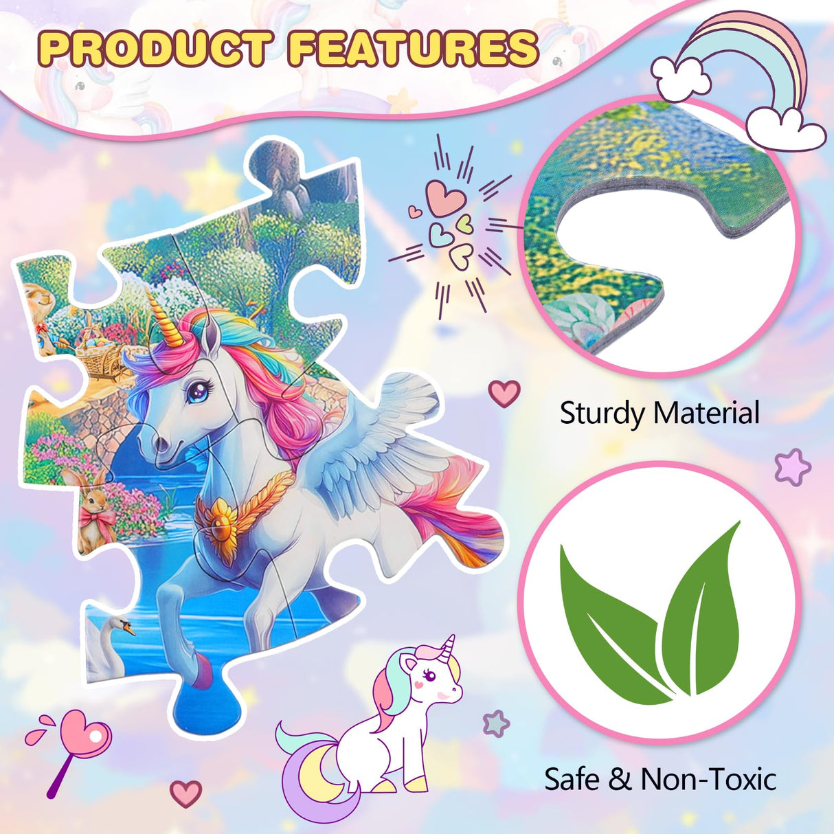 Civaner 70 Pieces Floor Puzzles for Kids Large Puzzles for Kids Ages 3 4 5 6 7 8 Jigsaw Puzzle Educational Puzzle Toy Gifts for Toddlers Boys Girls Baby Shower Birthday(Unicorn) Civaner