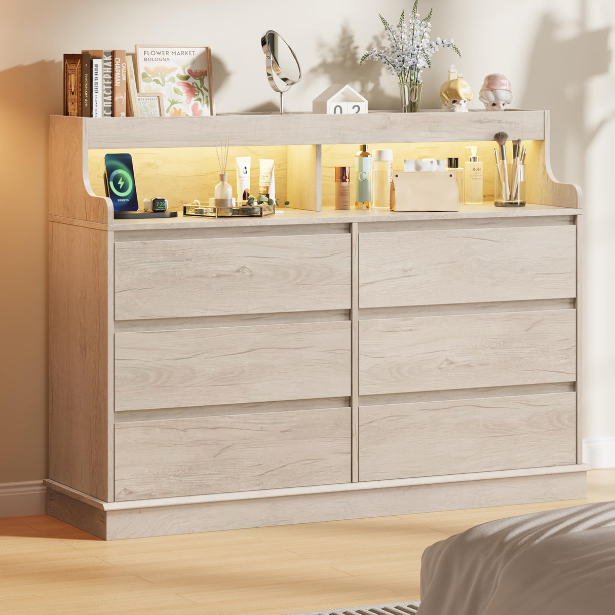 Dresser for Bedroom, 6 Drawer Dresser with LED Lights and Charging Station, Wide Chest of 6 Drawers with Open Space, Modern Large Capacity Storage Cabinet, Living Room, Hallway, Oak GarveeHome