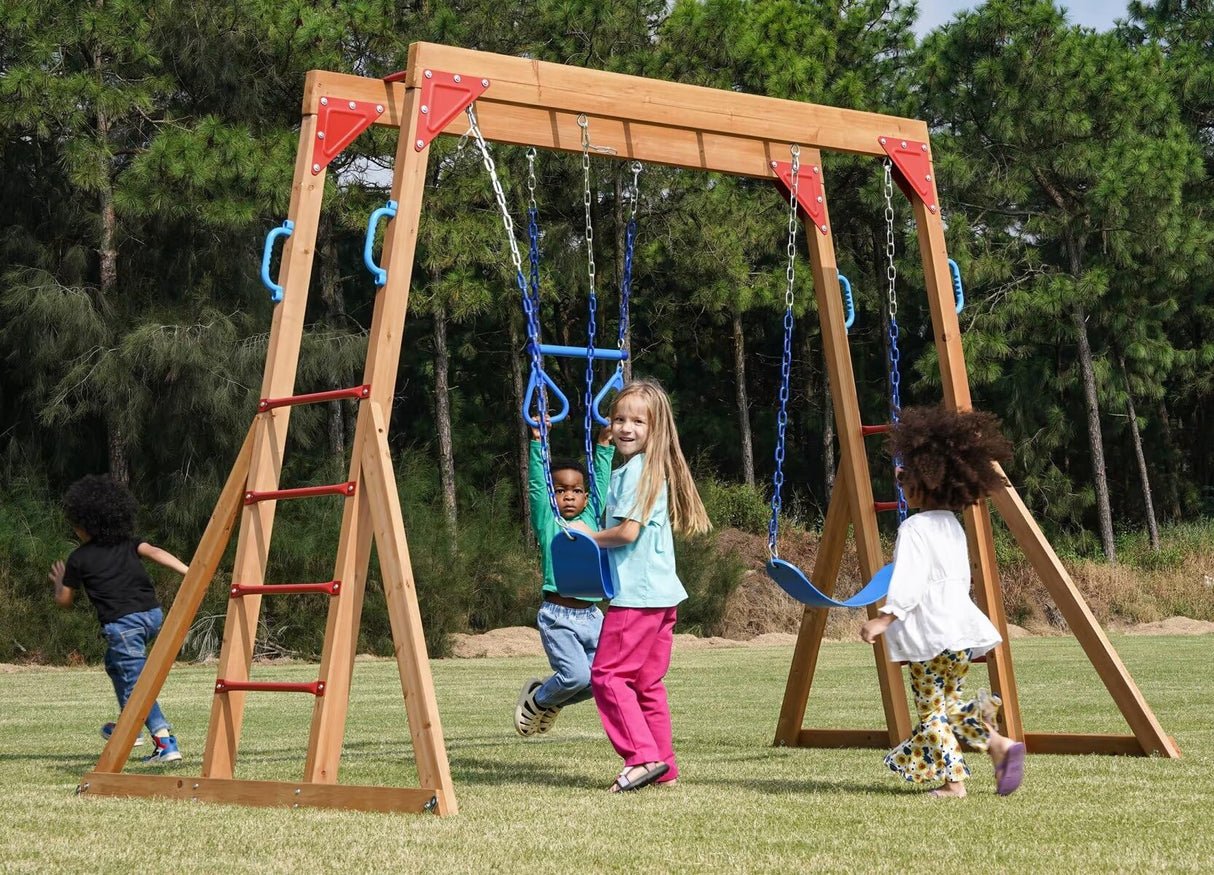 Dolphin Playground Wood Swing Sets for Backyard with Monkey Bar, Kids Outdoor Play Equipment, Outdoor Playset for Kids with Trapeze Swing Bar and 2 Belt Swings, Heavy Duty Playground Accessories DOLPHIN PLAYGROUND T