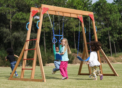 Dolphin Playground Wood Swing Sets for Backyard with Monkey Bar, Kids Outdoor Play Equipment, Outdoor Playset for Kids with Trapeze Swing Bar and 2 Belt Swings, Heavy Duty Playground Accessories