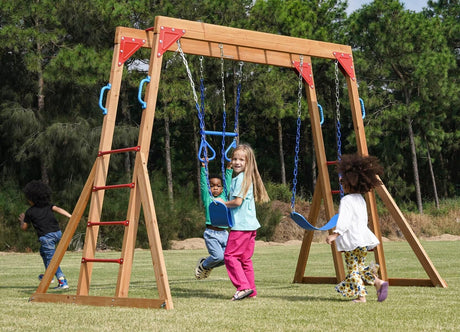 Dolphin Playground Wood Swing Sets for Backyard with Monkey Bar, Kids Outdoor Play Equipment, Outdoor Playset for Kids with Trapeze Swing Bar and 2 Belt Swings, Heavy Duty Playground Accessories DOLPHIN PLAYGROUND T