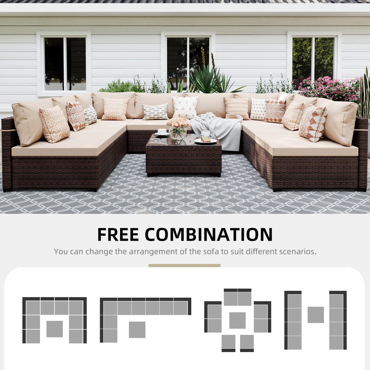 UPHA 9 Pieces Patio Furniture Sets Outdoor Sectional Sofa Wicker Conversation Couch for Decks, Backyards, Gardens, Brown Rattan, Beige Cushion UPHA