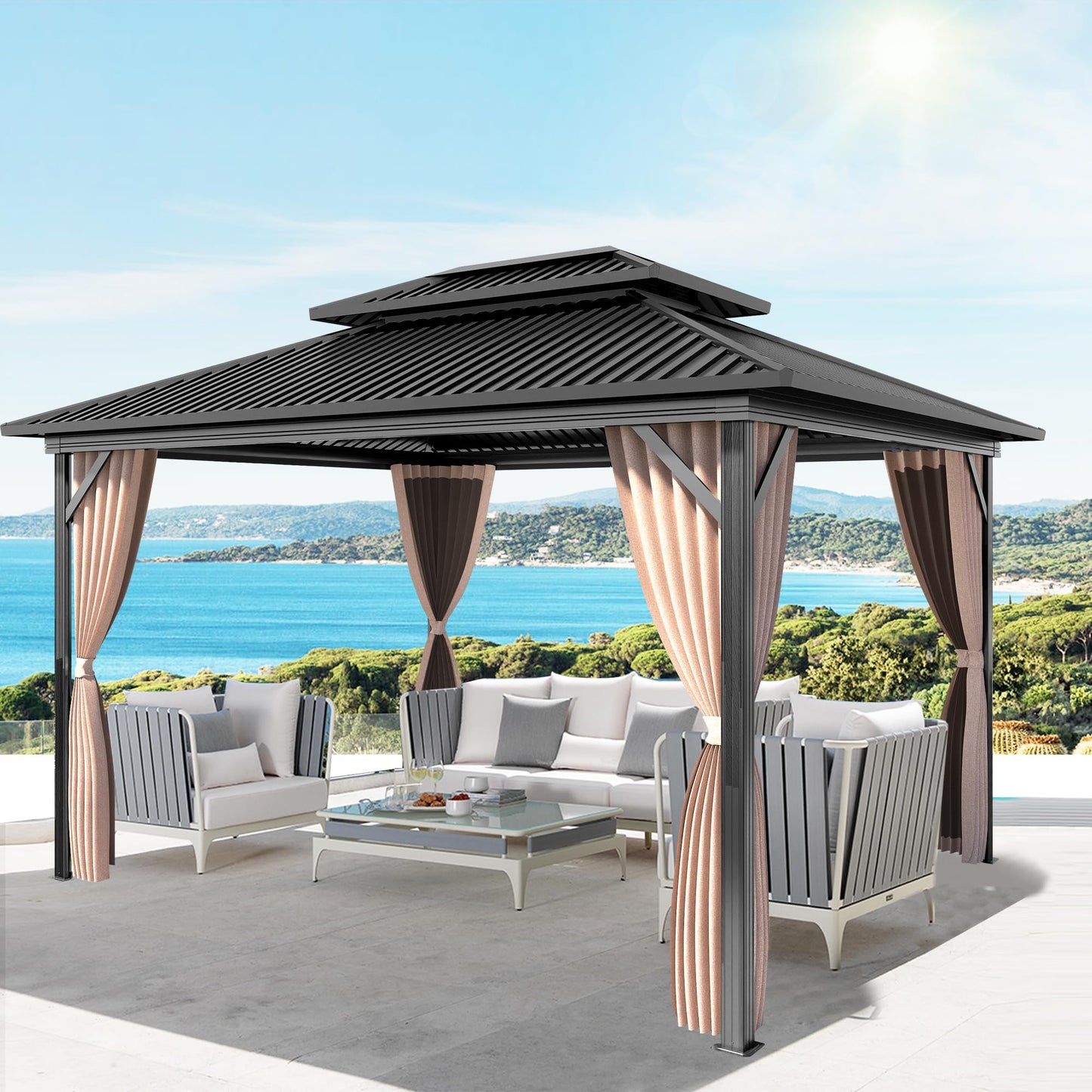 Raysfung 10 X 12ft Hardtop Gazebo, Galvanized Steel Double Roof Gazebo with Nettings and Curtains, Outdoor Aluminum FrameVertical Stripes Roof Permanent Pavilion for Patio, Backyard, Lawns - WoodArtSupply