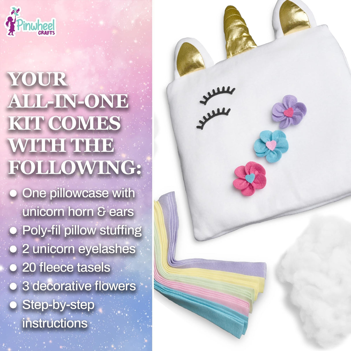 Pinwheel Crafts Unicorn Pillow Kit - DIY Arts and Crafts for Kids Ages 6 7 8-12+ Years, No Sewing Kit for Kids, Unicorn White Pillow Craft Kits for Birthday, Christmas Gifts for Girls Pinwheel Crafts