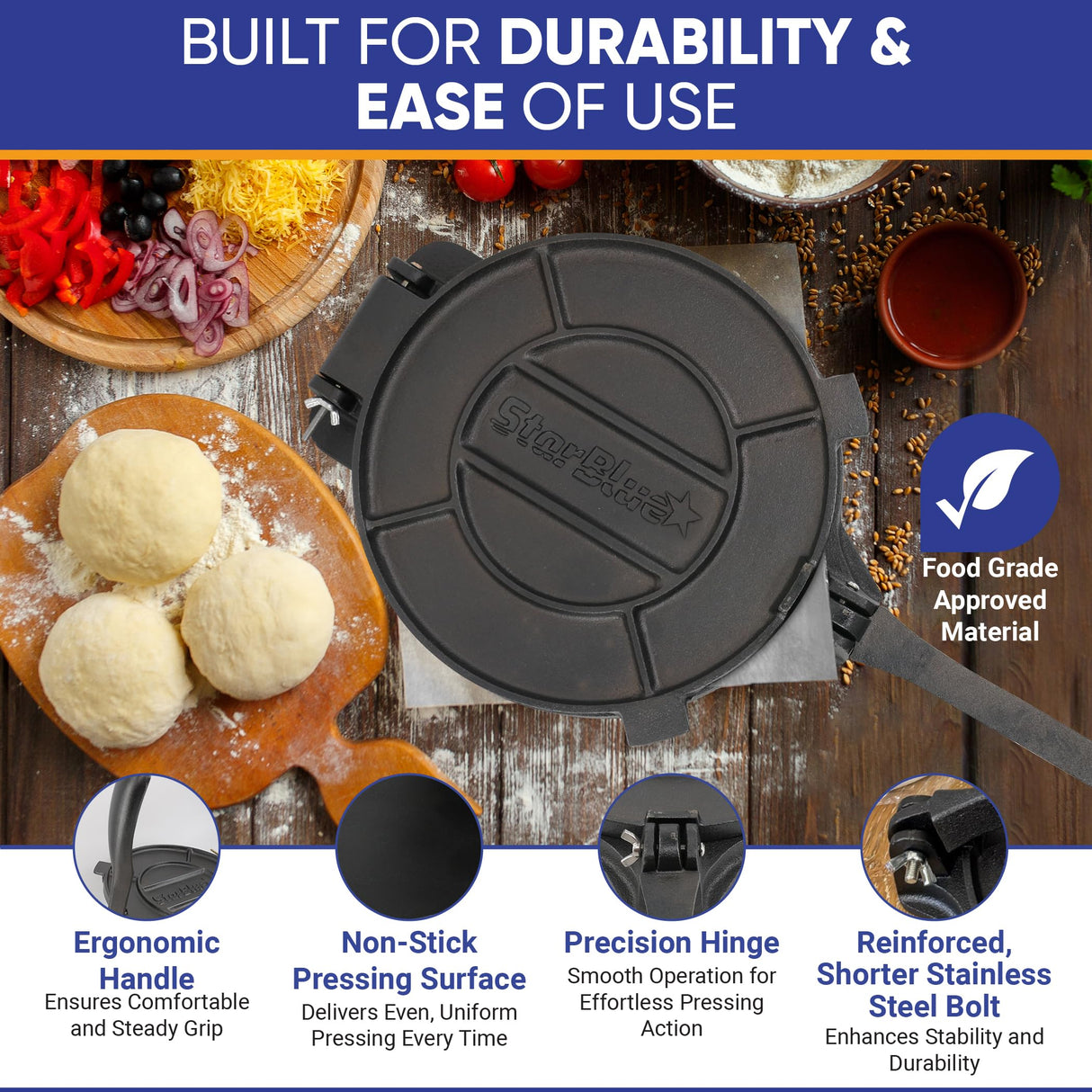 10 Inch Cast Iron Tortilla Press by StarBlue with FREE 100 Pieces Oil Paper and Digital Recipes e-book - Tool to make Indian style Chapati, Flour Tortilla, Roti StarBlue