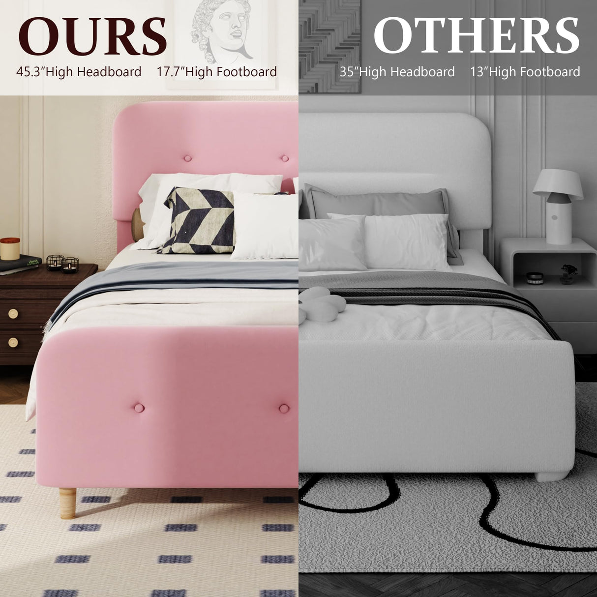 Queen Size Platform Bed Frame with Velvet Upholstered Headboard, Button Tufted Headboard and Footboard, Anti-Collision Soft Rounded Corners, No Box Spring Needed, Easy Assembly, Pink viplov