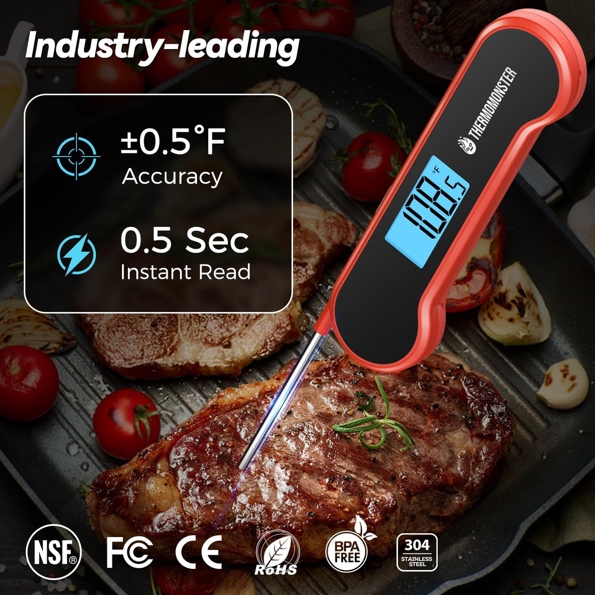 0.5 Sec Instant Read Meat Thermometer Digital with ±0.5℉ Precision, Food Thermometer for Cooking Kitchen Gadgets, Oven Grill Candy BBQ Essentials Accessories, Gifts for Him Dad Men Birthday, Red ThermoMonster
