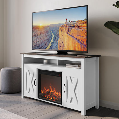 BELLEZE Modern 48" Barn Door Wood TV Stand with 18" Electric Fireplace Heater & Media Entertainment Center Console Table for TV up to 50" with Two Open Shelves and Cabinets - Corin (White)