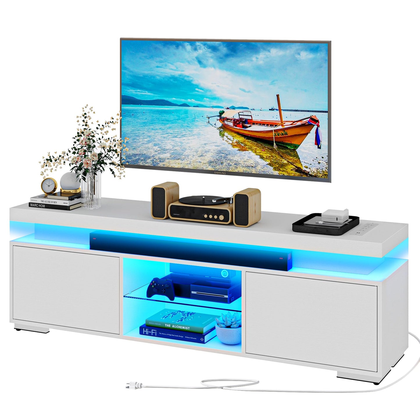 DWVO White TV Stand with LED Lights and Power Outlet, Modern Entertainment Center for 55/60/65 Inch, Media Console Table TV Cabinet with Storage, Universal TV Stand for Living Room