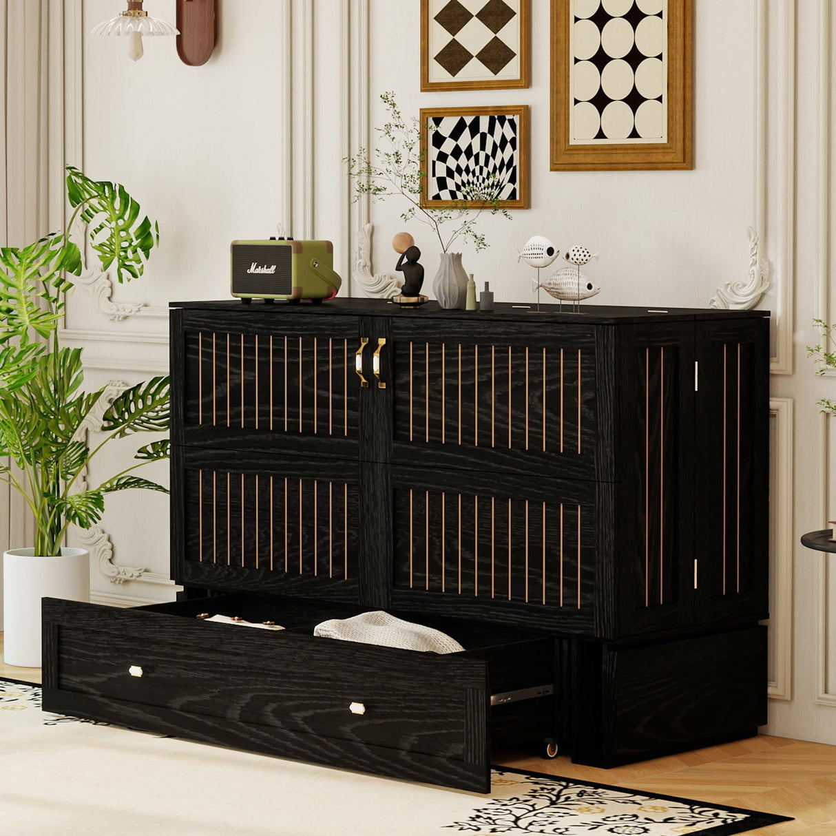 GraceGrove Queen Size Murphy Bed：Wood Queen Murphy Bed Cabinet with Large Storage Drawer,Optimize Sleeping Space（Mattress Not Included） Black-11 GraceGrove