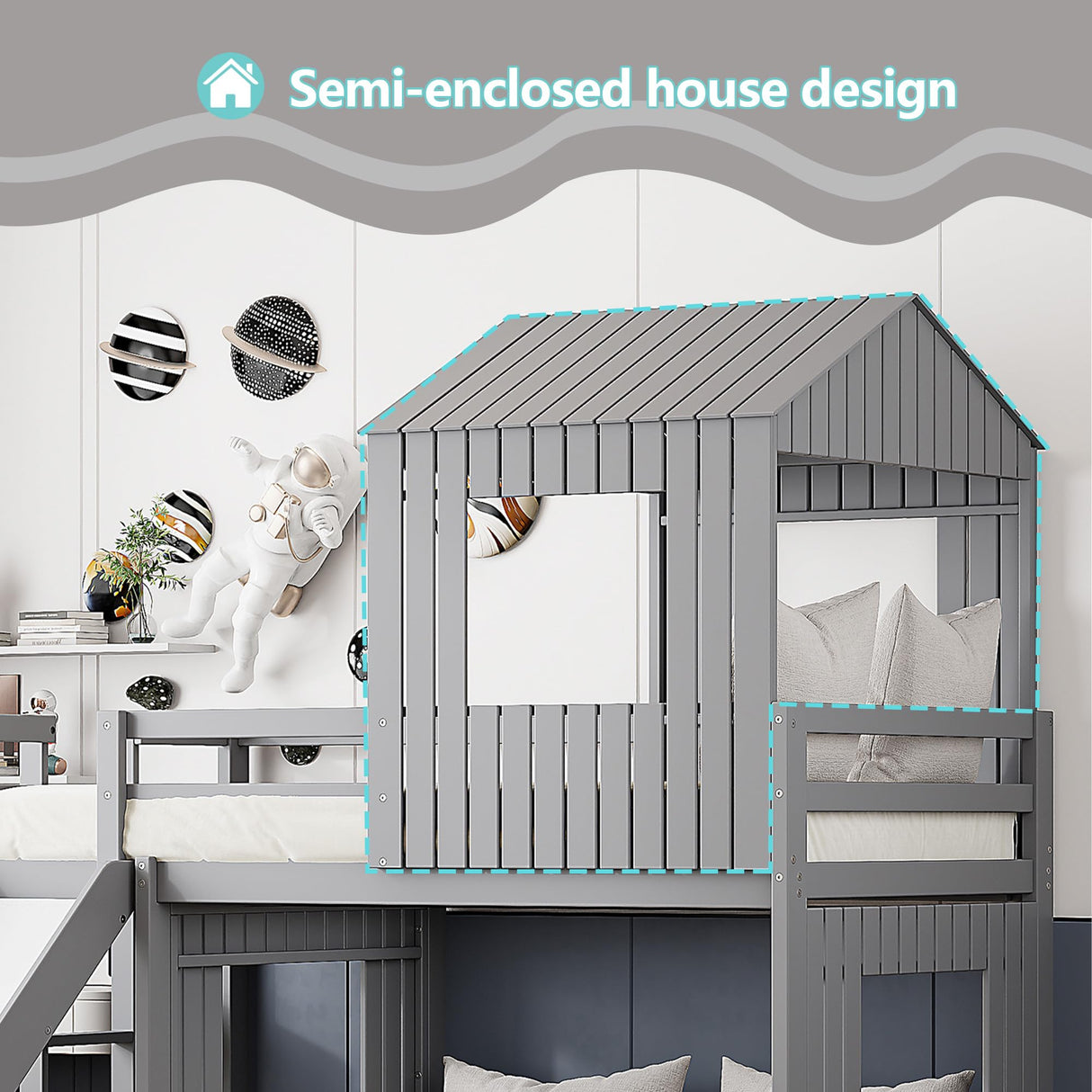 Harper & Bright Designs House Floor Bunk Beds with Slide, Wooden Twin Over Full Bunk Beds with Slide, Roof and Guard Rail for Kids, Teens, No Box Spring Needed (Gray, Twin Over Full Size) Harper & Bright Designs