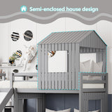 Harper & Bright Designs House Floor Bunk Beds with Slide, Wooden Twin Over Full Bunk Beds with Slide, Roof and Guard Rail for Kids, Teens, No Box Spring Needed (Gray, Twin Over Full Size) Harper & Bright Designs