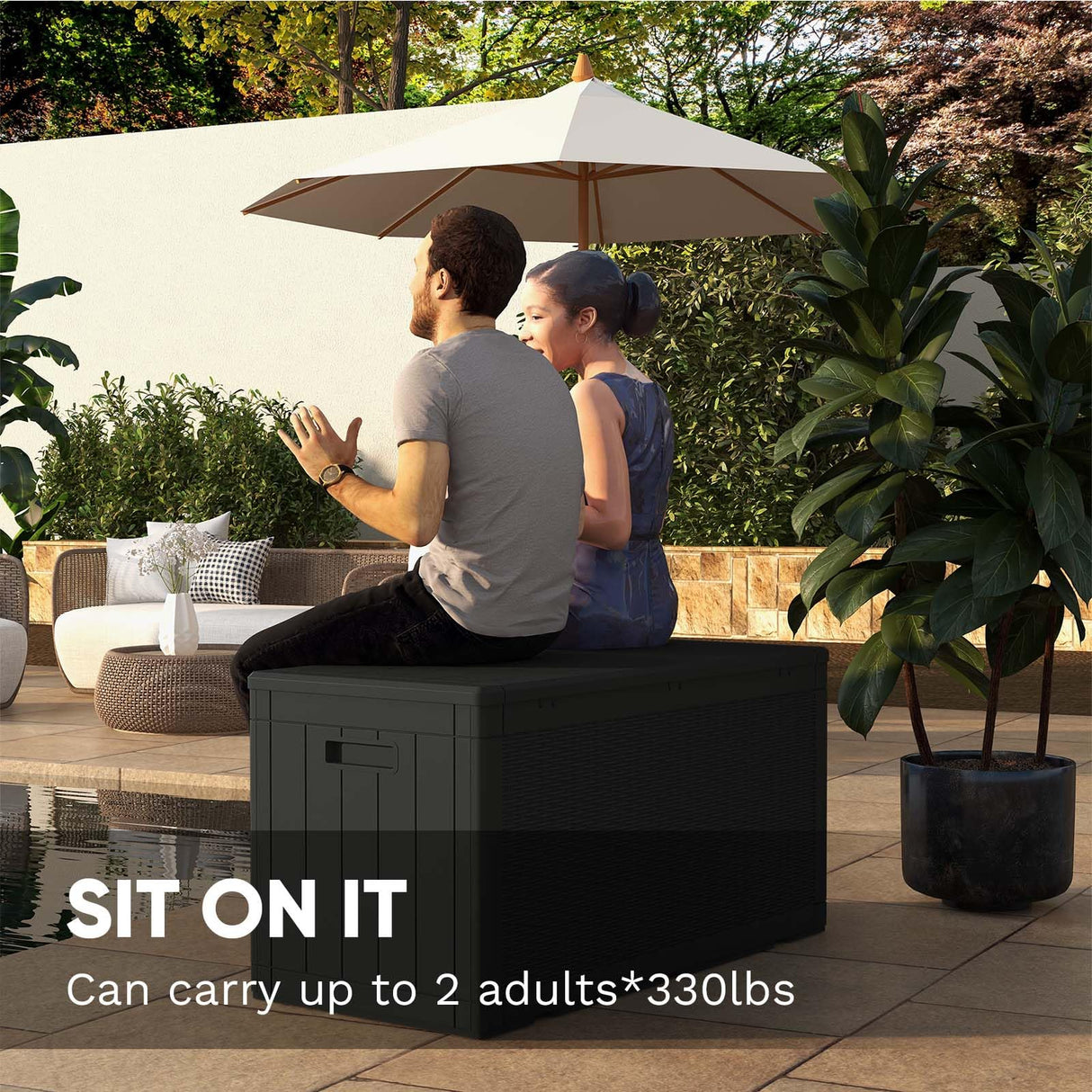 Patiowell 100 Gallon Resin Deck Box, Waterproof Large Outdoor Storage Box with Padlock for Patio Furniture, Toys and Garden Tools, Black Patiowell