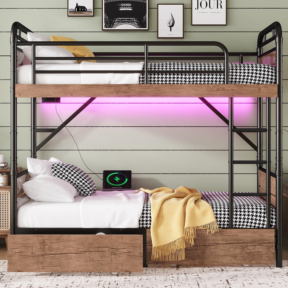Twin Over XL Bunk Bed with LED Light USB Charging Station Detachable Metal Bunk Bed with 2 Storage Drawers Headboard Safety Guardrails Ladder Convertiable Twin Bed No Spring Box Needed Space Saving INTERHOMART