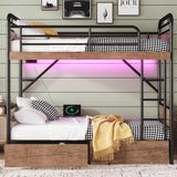 Twin Over XL Bunk Bed with LED Light USB Charging Station Detachable Metal Bunk Bed with 2 Storage Drawers Headboard Safety Guardrails Ladder Convertiable Twin Bed No Spring Box Needed Space Saving INTERHOMART