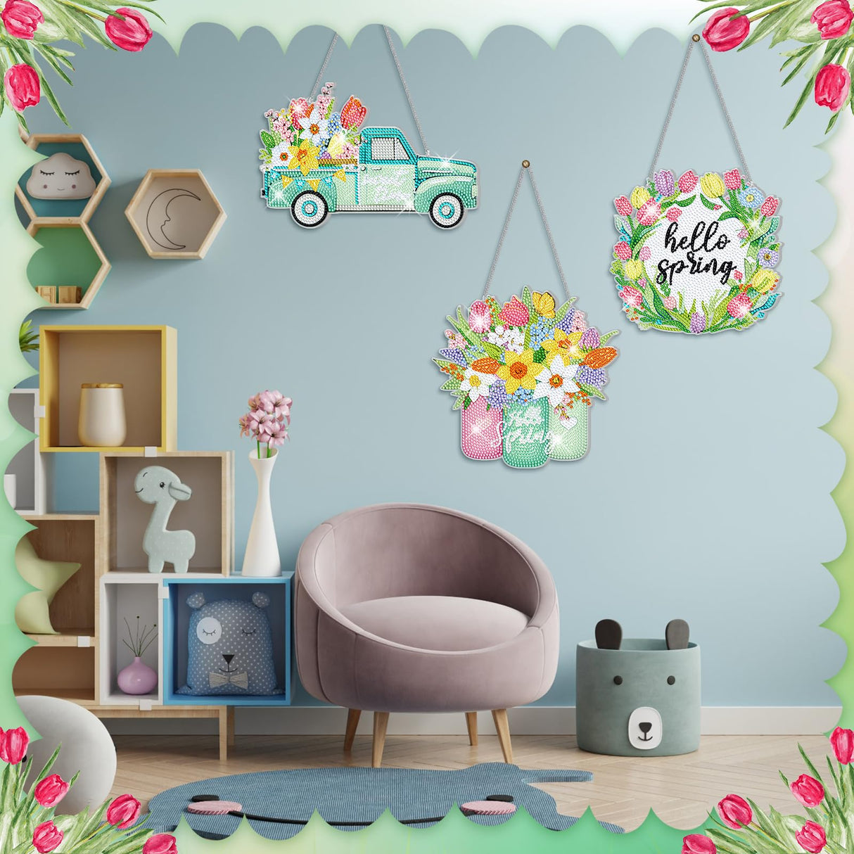 Menkxi 3 Pcs Spring Flowers Diamond Painting Kit DIY Spring Diamond Painting Hanging Sign Crystal Rhinestone Door Sign Wall Hanging Crafts for Beginners Gift Home Wall Window Decor Menkxi