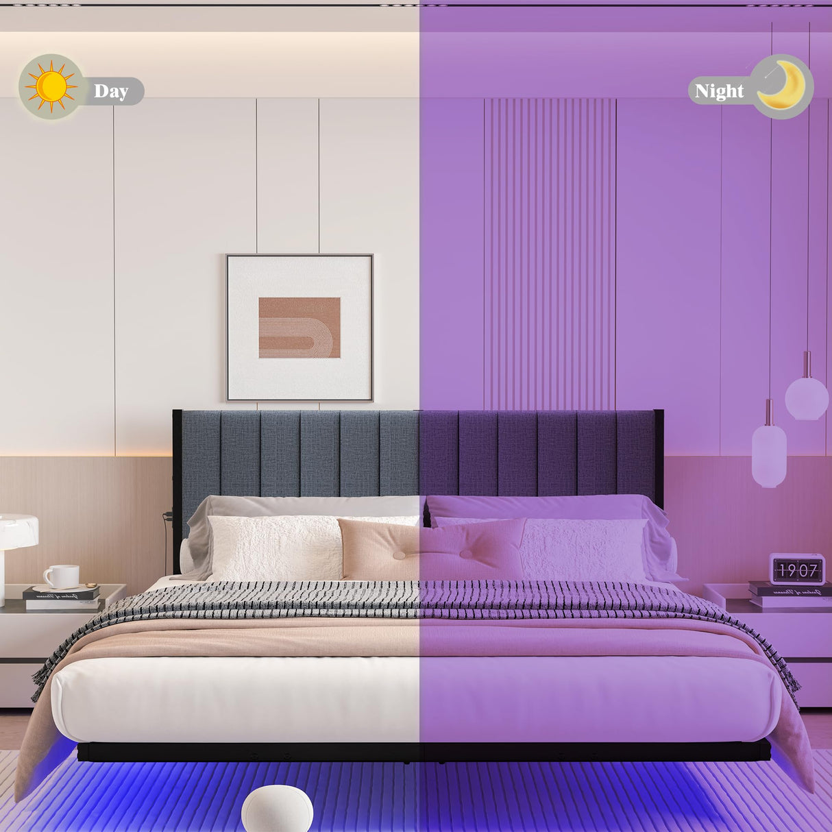 ARFARLY Floating Queen Bed Frame with LED Lights and Charging Station, Metal Platform Bed Frame Queen Size with Upholstered Headboard, No Box Spring Needed, Anti-Noise, Easy to Assemble ARFARLY