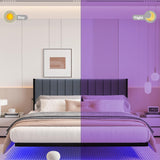 ARFARLY Floating Queen Bed Frame with LED Lights and Charging Station, Metal Platform Bed Frame Queen Size with Upholstered Headboard, No Box Spring Needed, Anti-Noise, Easy to Assemble ARFARLY