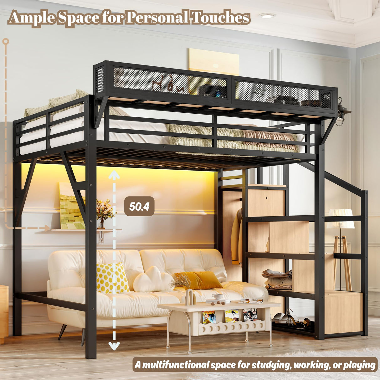 Full Loft Beds with Storage Beside Shelves and Wardrobe, Metal Loft Bed Full with LED Lights and USB Ports, Heavy-Duty Loft Bed Frame for Teens, Adults, Noise-Free & Space-Saving, Black Bellemave