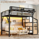 Full Loft Beds with Storage Beside Shelves and Wardrobe, Metal Loft Bed Full with LED Lights and USB Ports, Heavy-Duty Loft Bed Frame for Teens, Adults, Noise-Free & Space-Saving, Black Bellemave