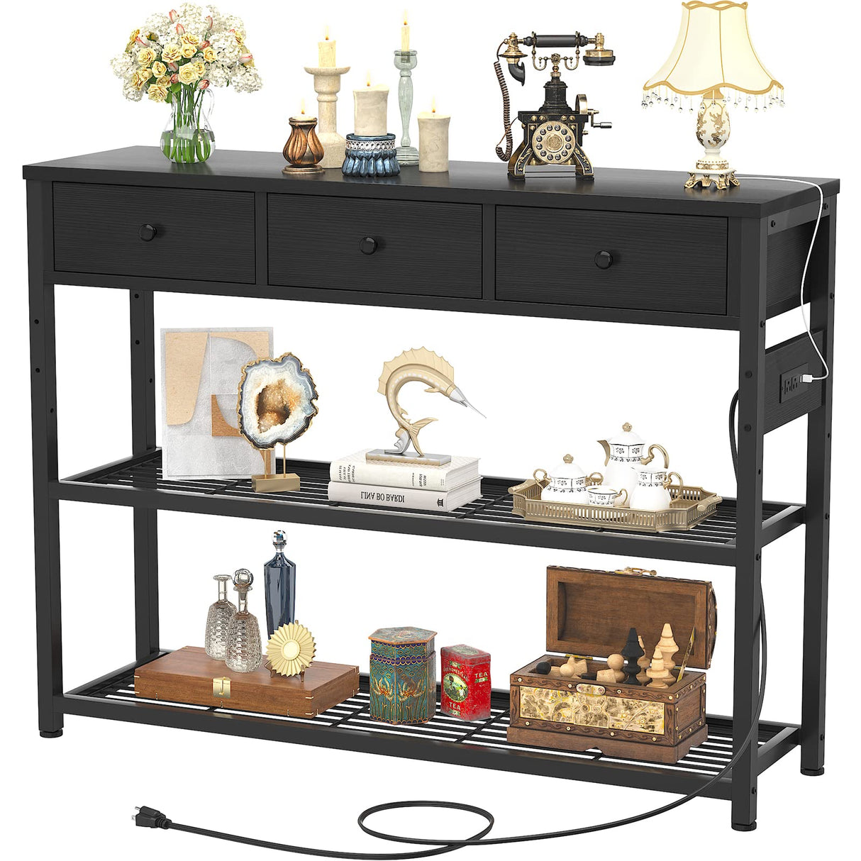 Ecopriso 47'' Entryway Table with Outlets and USB Ports, Console Table with 3 Drawers, Sofa Table Narrow Long with Storage Shelves for Living Room, Couch, Hallway, Foyer, Kitchen Counter, Black Ecoprsio