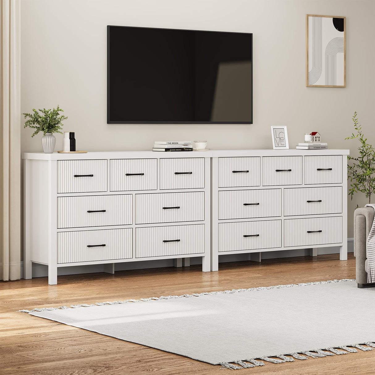 Jocoevol White Dresser 7 Drawer Dresser for Bedroom, Modern Fluted Dresser with Solid Wood Legs, Long Double Wooden Dresser Large Chest of Drawers for Living Room, Entryway, Hallway (White Fluted) Jocoevol