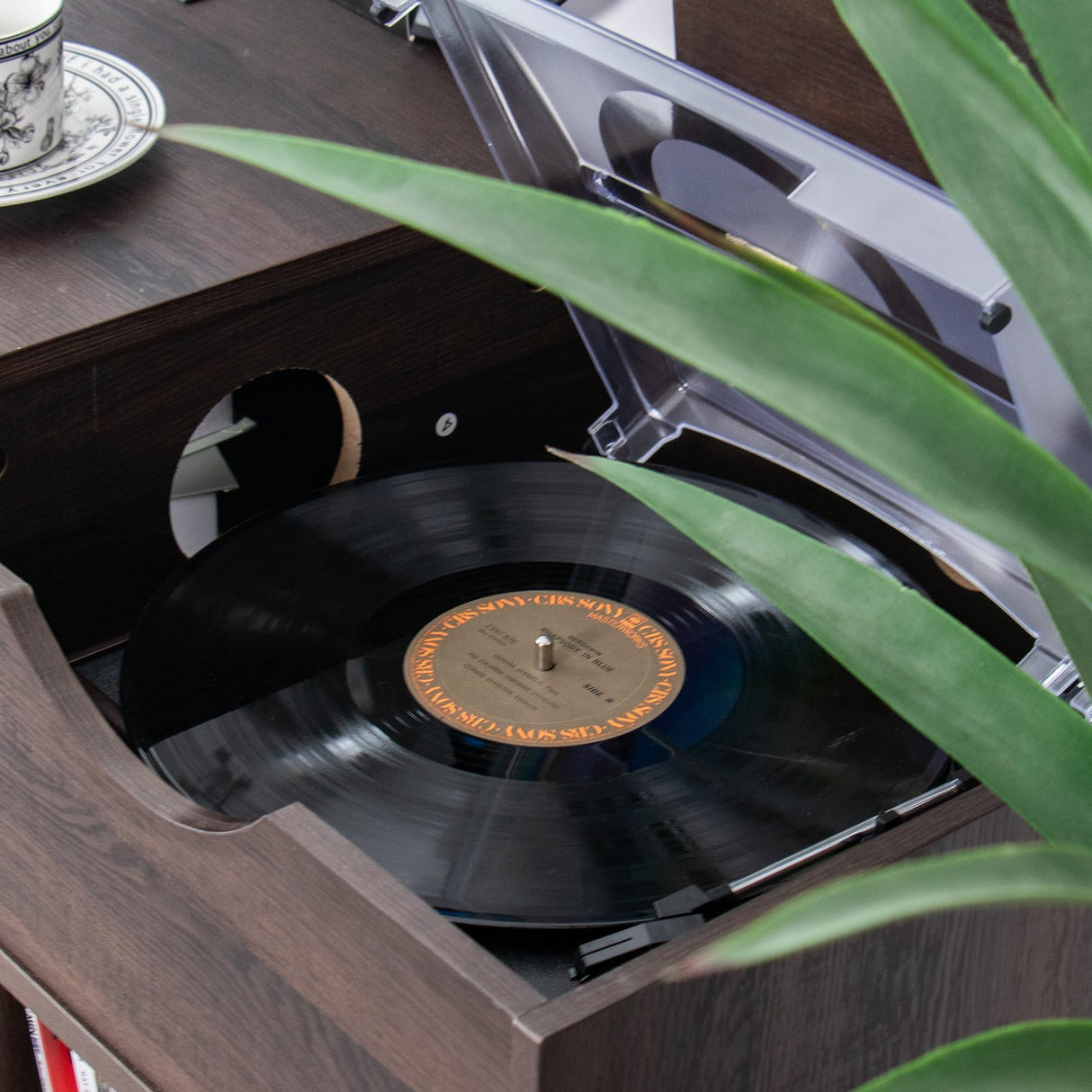 Lisicues Record Player Stand, Vinyl Record Cabinet with Power Outlet Holds Up to 200 Albums, Turntable Stand Table, Fluted Sliding Door, Living Room(Walnut) Lisicues