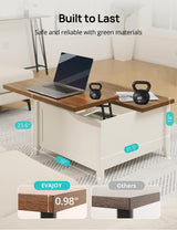 Evajoy Lift Top Coffee Table, Ergonomic Rising Table with Hidden Compartment, Dining Table with Storage Shelf, Retro Coffee Table, Farmhouse Storage with Lift Tabletop for Living Room, Office,White Evajoy