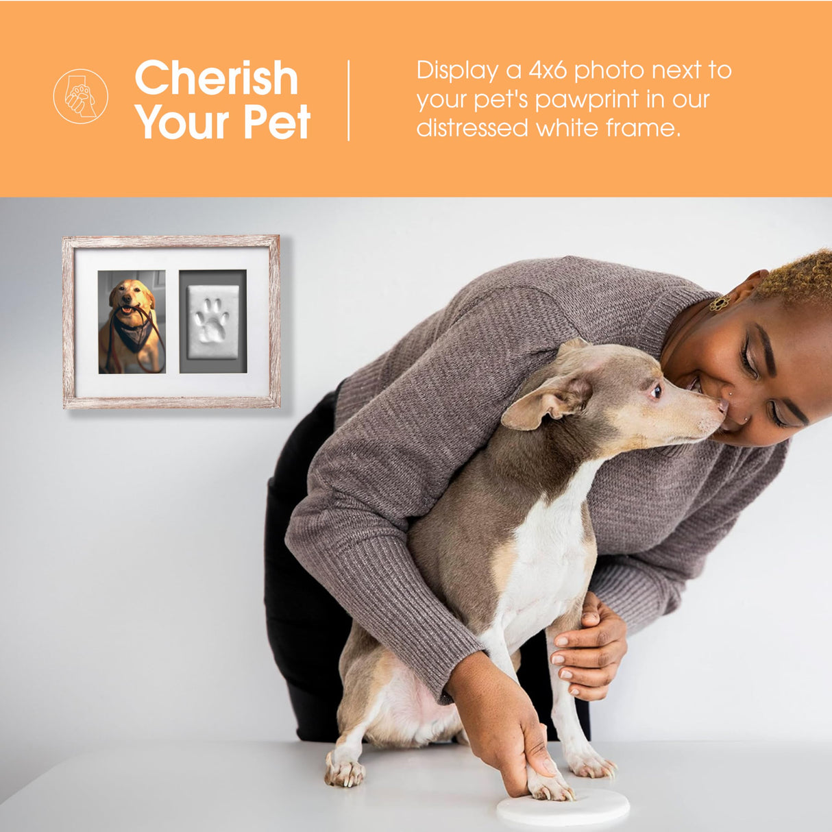 Pearhead Pet Pawprints Wall Picture Frame and Clay Impression Kit - DIY Clay Paw Print, Memorial Keepsake Frame for Cat and Dog, Ideal Home Decor Gift for Pet Owners, 4x6 Photo, Distressed White Pearhead